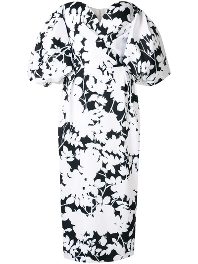 Rasario Balloon-sleeve Floral-print Satin Midi Dress In Black/white