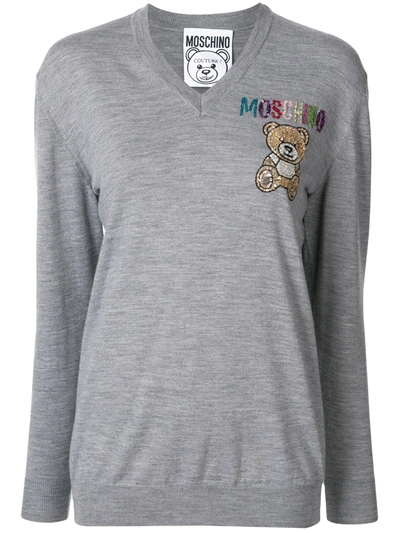 Moschino Embroidered Teddy Bear V-neck Jumper In Grey