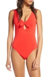 Robin Piccone Plunge Neck Tie-front One Piece Swimsuit In Fiery Red