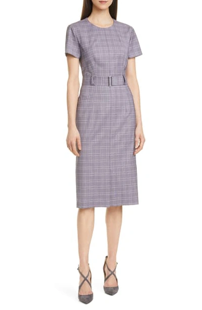 Hugo Boss Danetty Plaid Belted Sheath Dress In Lilac Fantasy