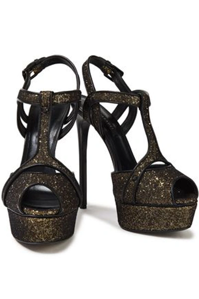 Casadei Glittered Tulle Platform Sandals In Brass