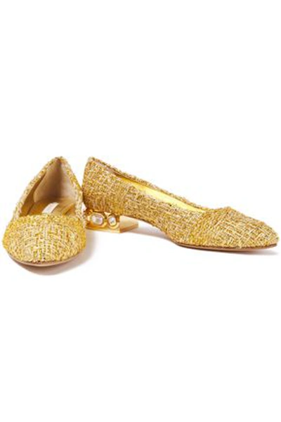 Casadei Lola Embellished Metallic Tweed Flats In Gold