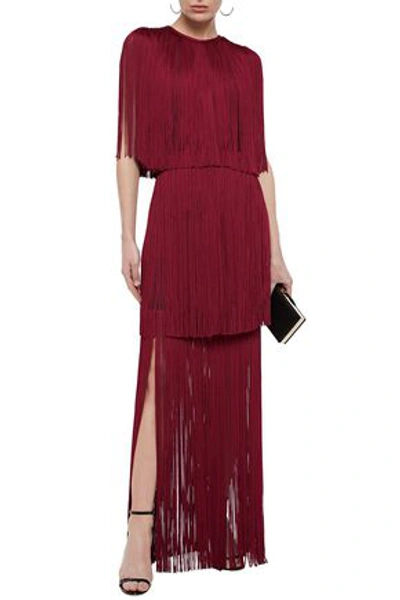 Herve Leger Tiered Fringed Bandage Gown In Plum