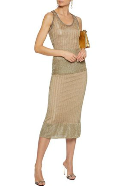 Herve Leger Ribbed Metallic Open-knit Top In Gold