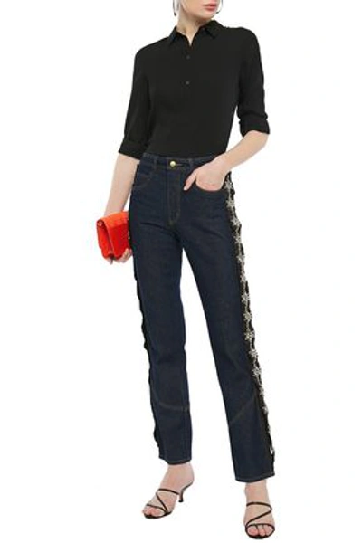 Johanna Ortiz Embellished Grosgrain-trimmed High-rise Straight-leg Jeans In Dark Denim
