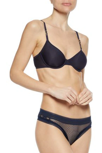 Stella Mccartney Stephanie Cherishing Point D'esprit And Stretch-silk Satin Low-rise Thong In Navy