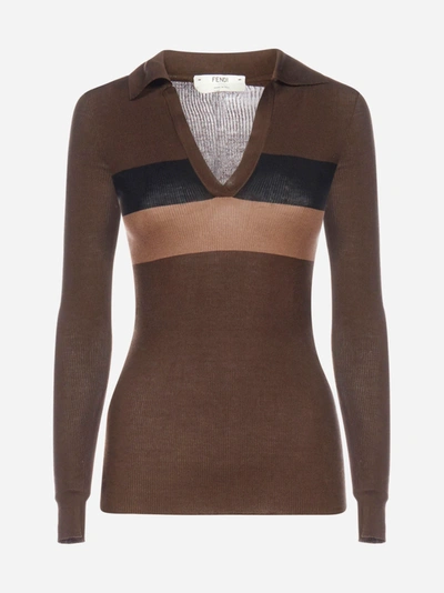 Fendi V Neck Striped Silk Polo Shirt In Brown,black