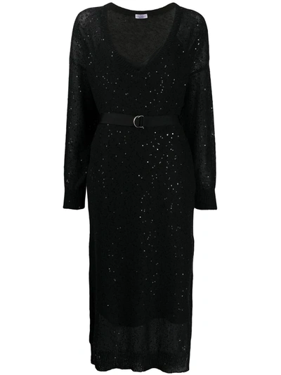 Brunello Cucinelli Sequined Long-sleeve Sweater Dress With Grosgrain Belt In Black