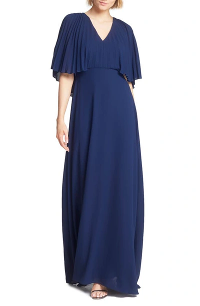 Halston Heritage Pleated Cape Sleeve Georgette Gown In Dark Navy