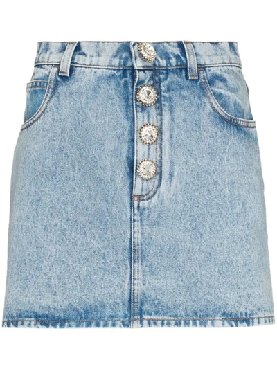 Alessandra Rich Crystal-button Denim Mini Skirt In Blue
