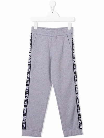 Balmain Kid's Logo Side Taped Jogger Trousers In Grey