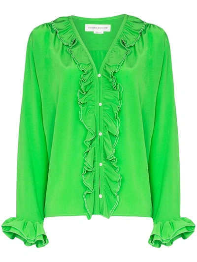 Victoria Beckham Ruffled Pearl-embellished Silk Blouse In Green