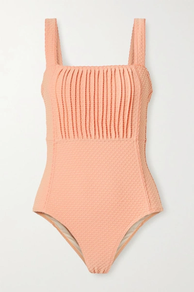 Peony Pintucked Swiss-dot Stretch Swimsuit In Peach
