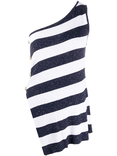 Balmain Stripe One-shoulder Dress In Blue