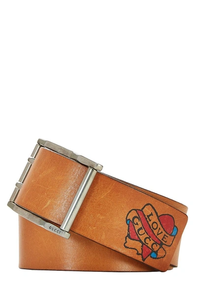 Pre-owned Gucci Brown Leather Tattoo Heart Belt 95