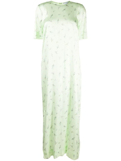 Ganni Floral Print Silk Satin Maxi T-shirt Dress In Light Green