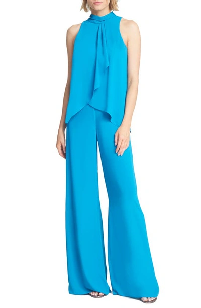 Halston Heritage Sleeveless Ruffle Bodice Jumpsuit In Aqua