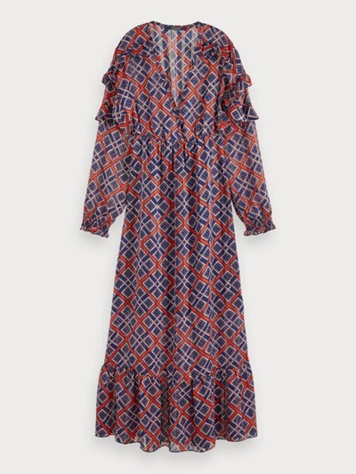 Scotch & Soda Tile Print Long Sleeve Maxi Dress In Red