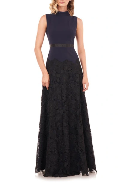 Kay Unger Ellie Mock-neck Sleeveless Stretch Crepe Gown W/ Lace In Navy/ Black