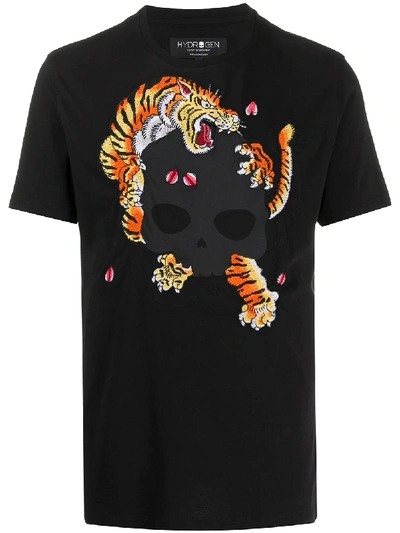 Hydrogen Embroidered Tiger Crew Neck T-shirt In 黑色