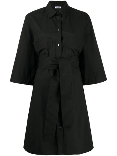 P.a.r.o.s.h Cropped Sleeves Belted Shirt Dress In Black