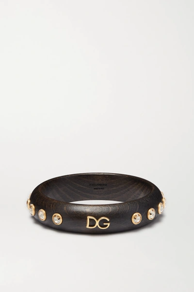 Dolce & Gabbana Gold-tone, Wood And Crystal Bangle In Dark Brown