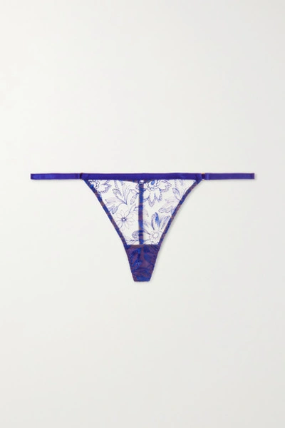 Myla Colombia Road Satin-trimmed Embroidered Tulle Thong In Cobalt Blue