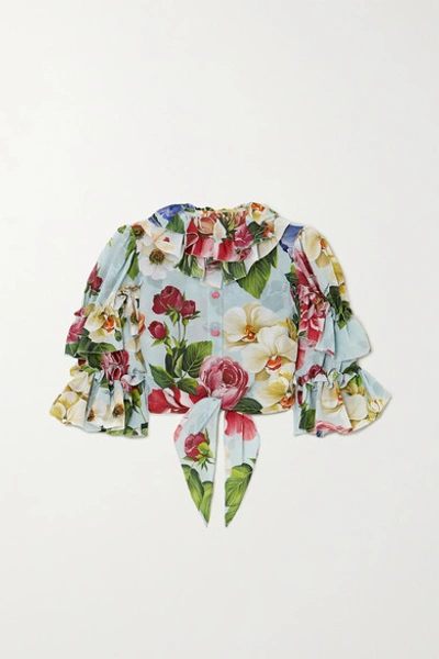 Dolce & Gabbana Cropped Ruffled Tie-front Floral-print Silk Blouse In Blue