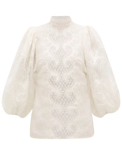 Zimmermann Brightside Appliquéd Embroidered Linen And Silk-blend Tulle Blouse In Ivory