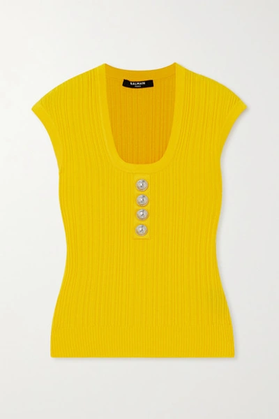 Balmain Button-embellished Ribbed-knit Top In Yellow