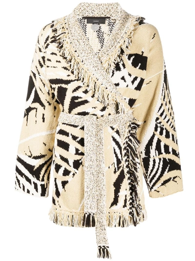 Alanui Belted Fringed Cotton And Wool-blend Jacquard Cardigan In Beige,black