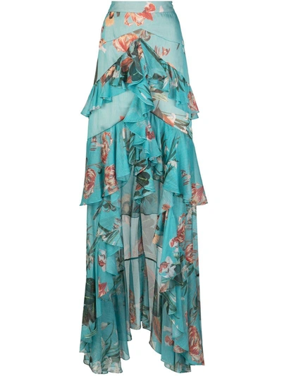 Patbo Carolina Ruffled Tiered Floral-print Chiffon Maxi Skirt In Blue