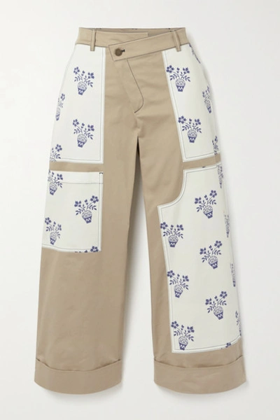 Monse Flower Pot Cropped Patchwork Cotton-blend Twill Wide-leg Pants In Beige