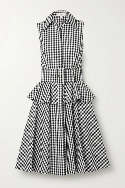 Michael Kors Belted Gingham Cotton-poplin Peplum Shirt Dress In Black