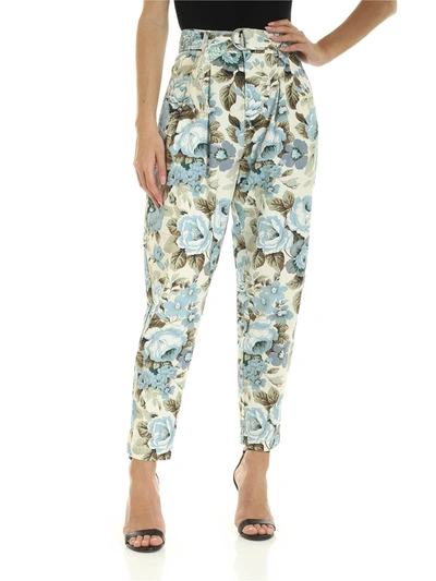 P.a.r.o.s.h. Pants In Ivory Color With Light Blue Floral Print In White