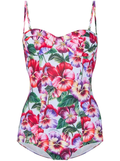 Dolce & Gabbana Full Swimsuit With Balcony Neckline And Violet Print In Blue