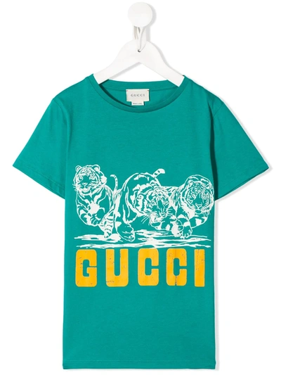 Gucci Kids' Tiger Logo Print T-shirt In Green