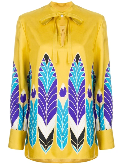 Valentino Feather Print Bow Fastening Blouse In Yellow