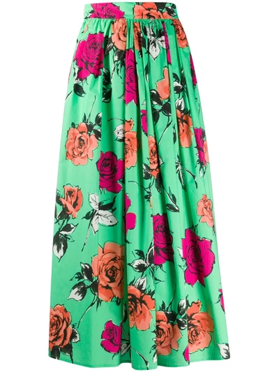 Msgm Rose-print A-line Skirt In Green