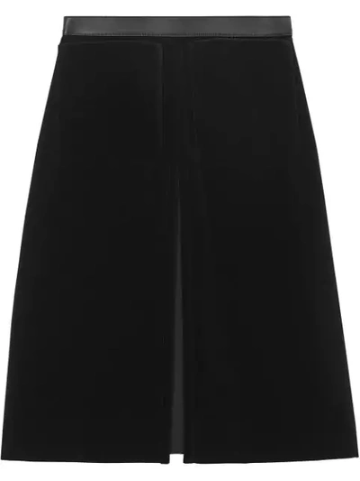 Burberry Lambskin Trim Box Pleat Detail Velvet And Wool Skirt In Black