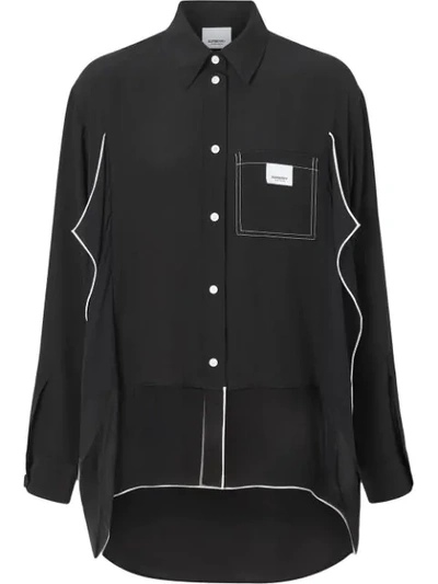 Burberry Piping Detail Silk Oversized Shirt And Tie Twinset In Black