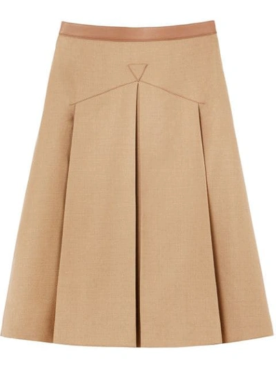 Burberry Lambskin Trim Box-pleated Wool Silk Skirt In Camel