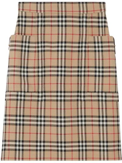 Burberry Pocket Detail Vintage Check Wool Pencil Skirt In Brown