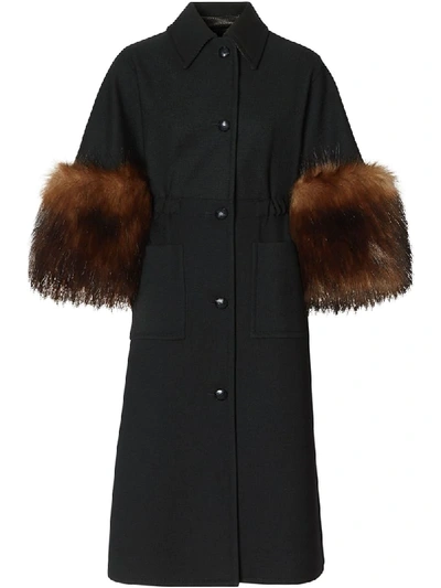 Burberry Faux Fur Trim Cape Detail Wool Blend Coat In Black