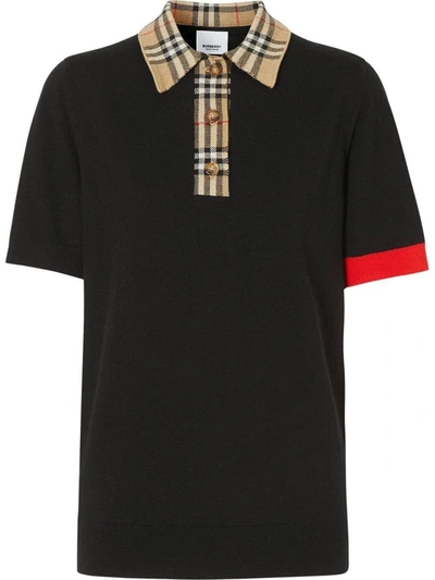 Burberry Vintage Check Trim Merino Wool Polo Shirt In Black
