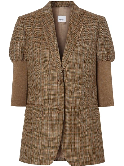 Burberry Knitted Sleeve Houndstooth Check Wool Tailored Jacket In Brown