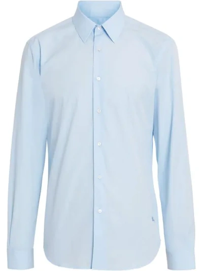 Burberry Embroidered Motifs Stretch Cotton Poplin Shirt In Blue