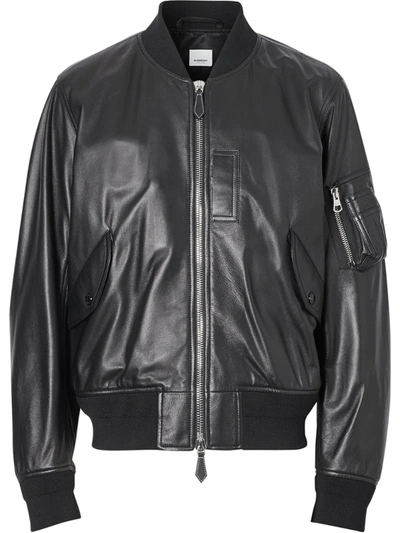 Burberry Lenton Leather Bomber Jacket In Black