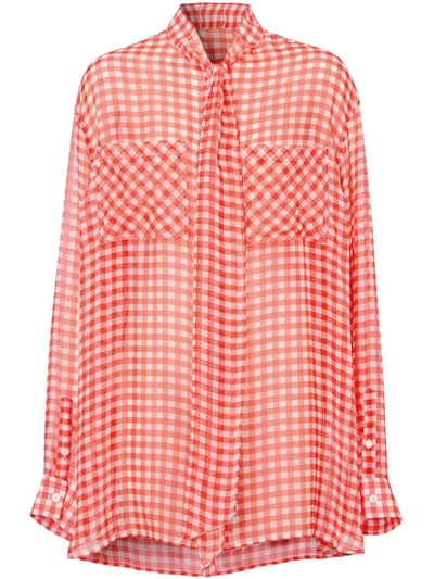 Burberry Gingham Silk Chiffon Pussy-bow Blouse In Red