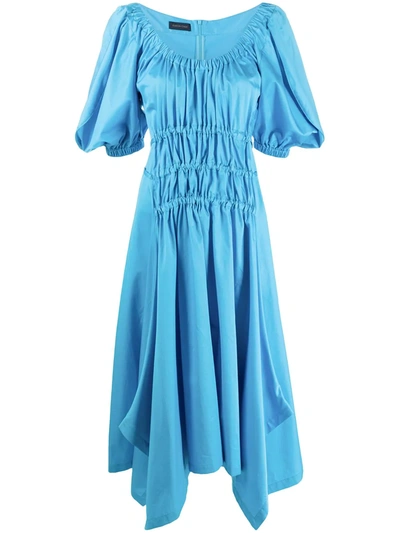 Eudon Choi Pina Blue Gathered Cotton Midi Dress
